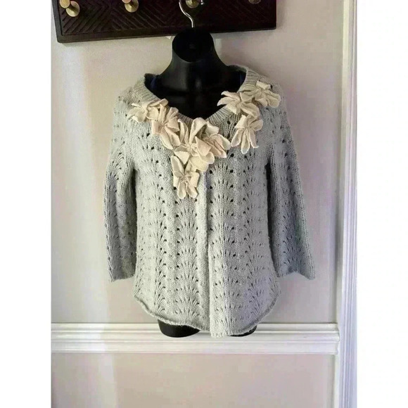 Field Flower Anthropologie XS Blue Knit 3D Starflower Angora Wool Cardigan - Picture 2 of 10